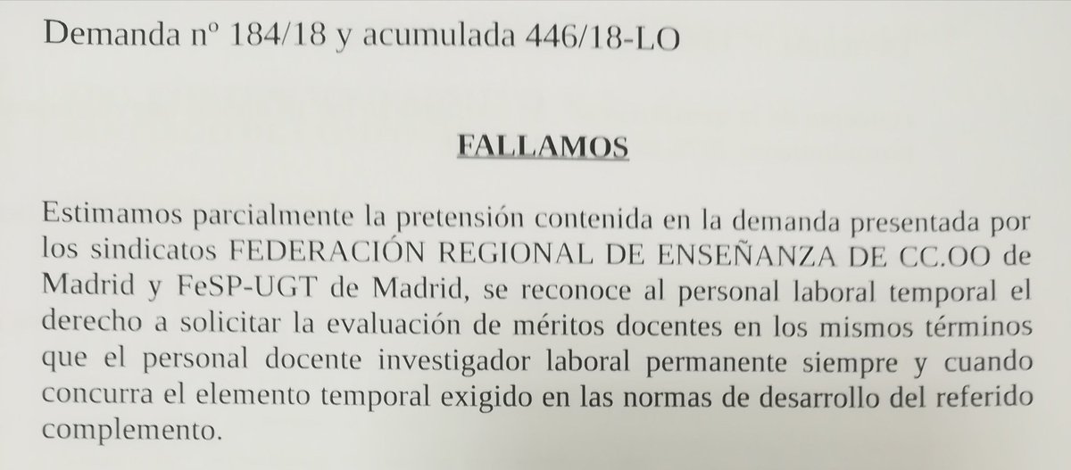 Todo el personal temporal tiene derecho a solicitar el reconocimiento de quinquenios. Demanda basada en "a igual trabajo, igual salario". Las universidades públicas andaluzas incumplen. Sentencia TSJ Madrid conflicto colectivo FREM, CCOO, UGT, 8 /10/18