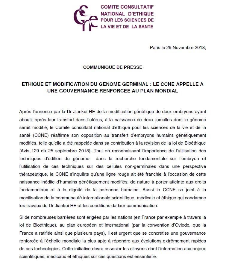 🧬 #crisprbabies : Le #CCNE condamne et appelle à une gouvernance mondiale renforcée ! #CRISPR #bioethique

ccne-ethique.fr/fr/actualites/…