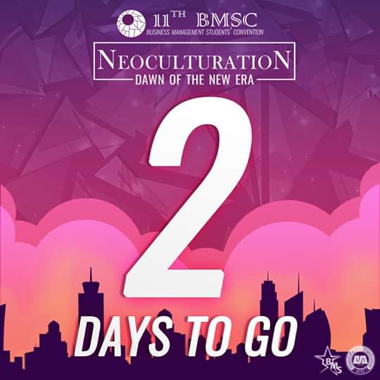 13thBMSC's tweet photo. 2 days to go until the 11th Business Management Students’ Convention: Neoculturation.
Happening this December 1, 2018 at the Teresa Yuchengco Auditorium in De La Salle University - Manila from 8AM - 4PM.
#11thBMSC
#ExceedingNEOHeights
#GetNeocultured https://t.co/BMJefC9mij