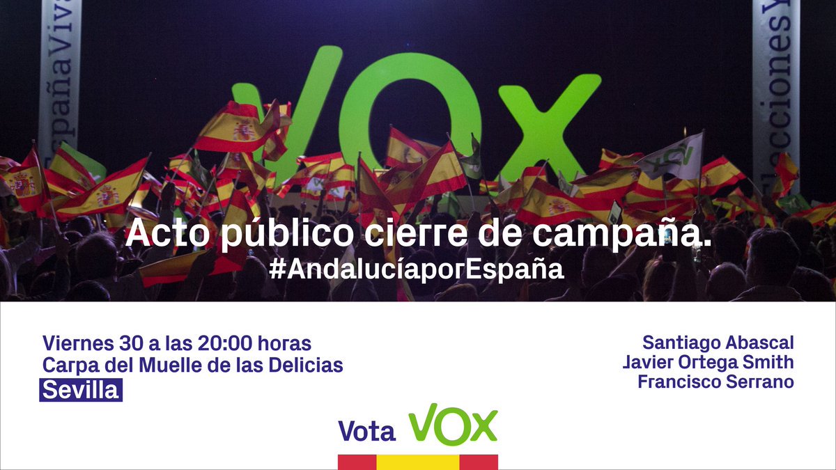 vox_es's tweet photo. 📢🇪🇸 Tras el cierre de campaña en Sevilla, @Santi_ABASCAL @Ortega_Smith @monasterioR acompañarán a la #EspañaViva en Madrid en defensa de las instituciones, la unidad de España y contra la impunidad de los golpistas.
📢 ¡No faltes a tu cita con la historia! https://t.co/oHJdzUdBEC