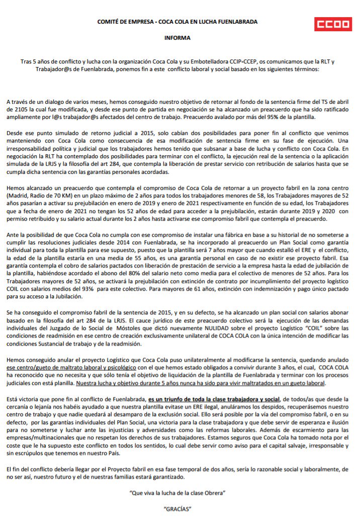 COMUNICADO DE <a href="/cocacolaenlucha/">CocaCola en lucha</a> : Hoy, hemos alcanzado un compromiso en la negociación con CCEP para poner fin al conflicto de 5 años de lucha. Ese compromiso ha sido avalado por más del 95% de la Plantilla de Fuenlabrada. Os dejamos nota de la RLT.