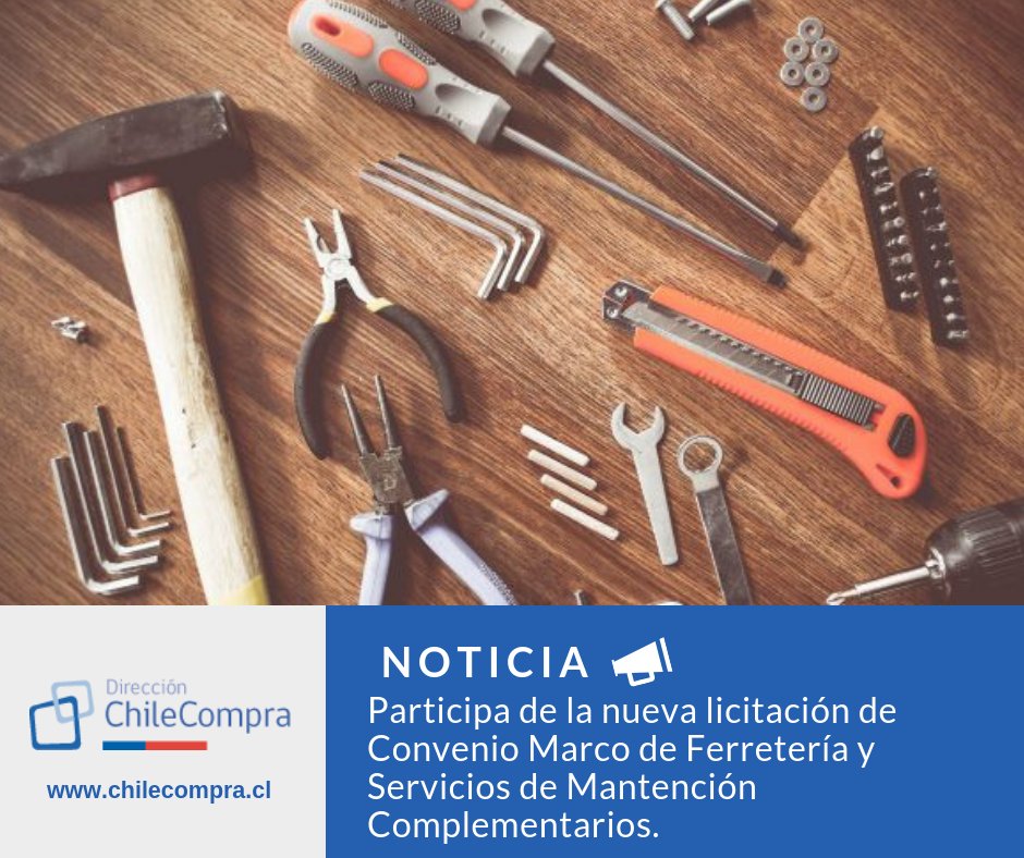 ¡Atención! 📣 Hasta el 18 de enero invitamos a todos los proveedores del rubro de ferretería y servicios de mantención complementarios 🛠 a participar en una nueva licitación de Convenio Marco. Toda la información está disponible aquí 👉 goo.gl/XJMSx9