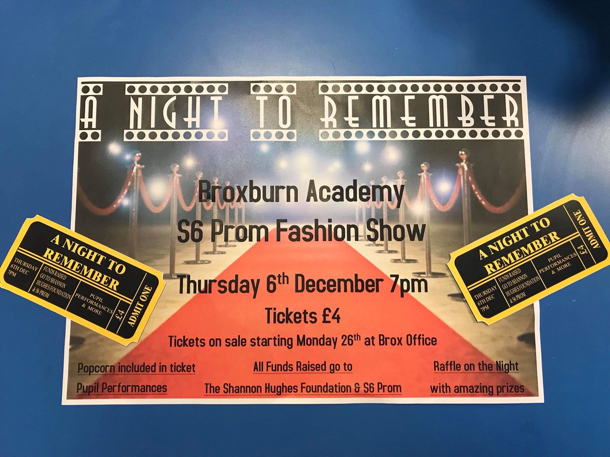 BA_Strathbrock's tweet photo. This years S6 Prom Fashion show will be held on the 6th of December at 7:30 ! tickets are £4 and available from the Brox Office or Miss Leslie’s room every lunch time until the event next Thursday. make sure to get your tickets fast! https://t.co/eRsGHhUHUq