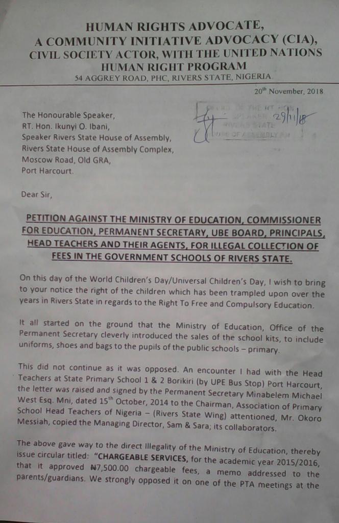 iOdaga's tweet photo. The Rivers State House of Assembly received petition today, on against the illegal collections of school fees of the UBE schools in Rivers State, Nigeria. Signed Human Rights Activist @unicefchief @UNICEF_Nigeria @UNHumanRights @UN_SPExperts @IPUPresident @AmnestyHRE @TonyeCole1 https://t.co/F0dQu4Vf4J