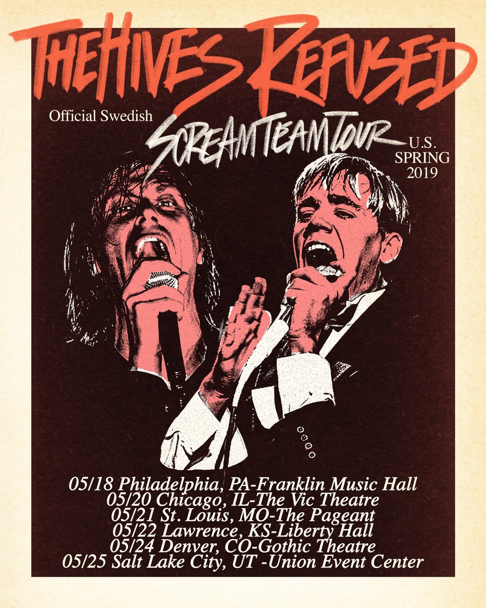 Presale has begun! thehivesbroadcastingservice.com/upcoming-shows/. Focus on this text: Buy tickets. Go to the show. Get involved. Feel good.#thehives #refused #screamteam2019 #rocknroll