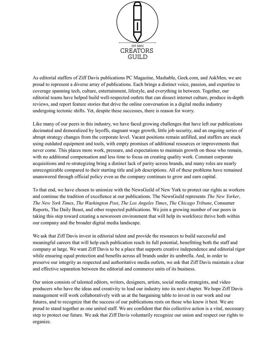 The editorial staffs of AskMen, Geek, Mashable, and PC Mag have unionized under <a href="/nyguild/">NewsGuild of New York</a> #ZDUnion