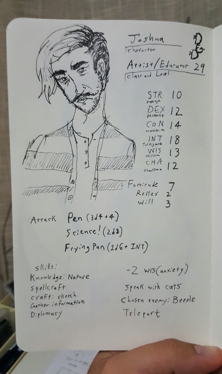 joshington_bear's tweet photo. D and D character stats.
I took a level of Scientist to spec into Educator but lost a level of spells in the Art school of magic.
#dandd #personalstats https://t.co/9Zv2XFC5Yy