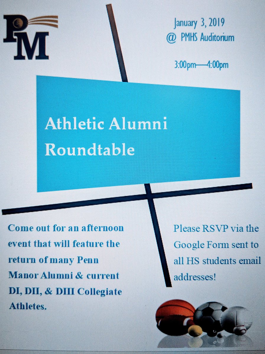 📢 PM Athletics is proud to presen...The Athletic Alumni Roundtable Event - January 3 3pm @ HS Auditorium! Please RSVP! 🌠🎓 <a href="/cassie_kline14/">Cassie Kline</a> <a href="/b_deberdine8/">Brooke DeBerdine</a> <a href="/pennmanor/">Penn Manor SD</a> @_mk47__ <a href="/StarSpgldTanner/">Tanner Erisman</a> @grantgaletho <a href="/gale4040/">Phil Gale</a>