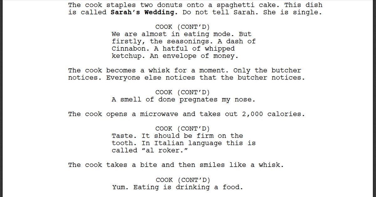 KeatonPatti's tweet photo. I forced a bot to watch over 1,000 hours of cooking shows and then asked it to write a cooking show of its own. Here is the first page. https://t.co/yFoqnEKiMF