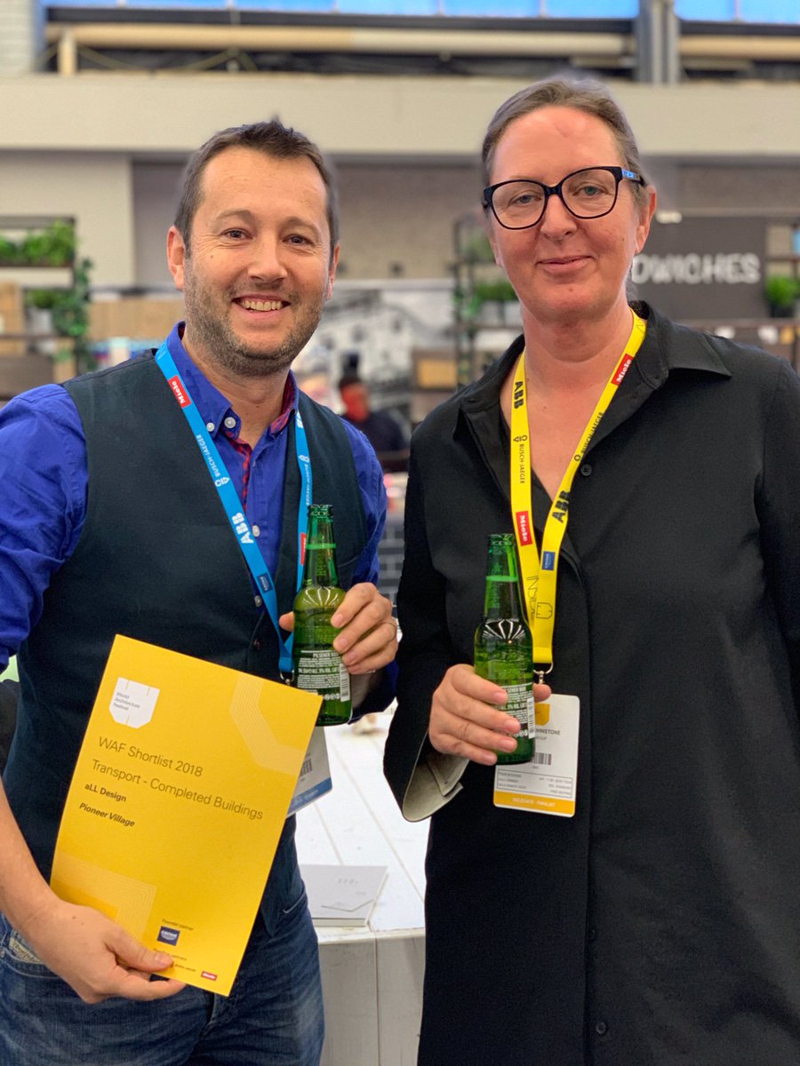 ALLDesign1's tweet image. Celia Johnstone of @ibigroup &amp;amp; @marcos_rosello of #alldesign celebrating at #WAF18 post-presentation for #willaslop &amp;amp; our project #pioneervillagestation. Well done both....everything crossed. Photographs by #wadezimmerman