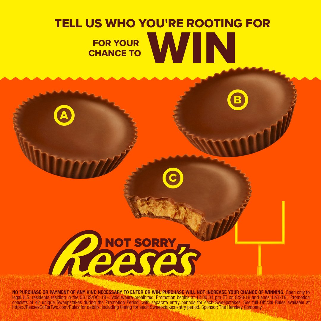 reeses's tweet image. Which weekend matchup are you most anticipating?
A. Chocolate &amp;amp; Peanut Butter 
B. Peanut Butter &amp;amp; Chocolate 
C. REESE’S &amp;amp; your mouth 
RT your pick with #NotSorry and #Sweepstakes for a chance to win a $50 @Amazon Gift Card! NoPurchNec. Rules: bit.ly/2wu6Uny