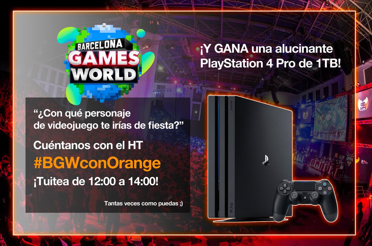 ¡¡Arranca el concurso!! TIENES HASTA LAS 14:00 para decirnos a qué personaje de videojuegos te llevarías de fiesta y por qué con el HT #BGWconOrange. Hay una impresionante Playstation 4 Pro de 1TB en juego. ¡¡Tuitea tantas veces como puedas!! <a href="/PlayStationES/">PlayStation España</a> <a href="/LVPes/">LVP</a> @BCNGamesWorld