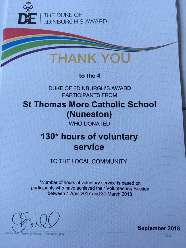 DofERach's tweet photo. #DofE participants give their time to help people, the community or society, the environment or animals. Last year participants at @StThomasMoreNun gave 130 hours of their time in volunteering. Well done! Fantastic to present this certificate to Ms Tomlinson https://t.co/jl12jdNSth