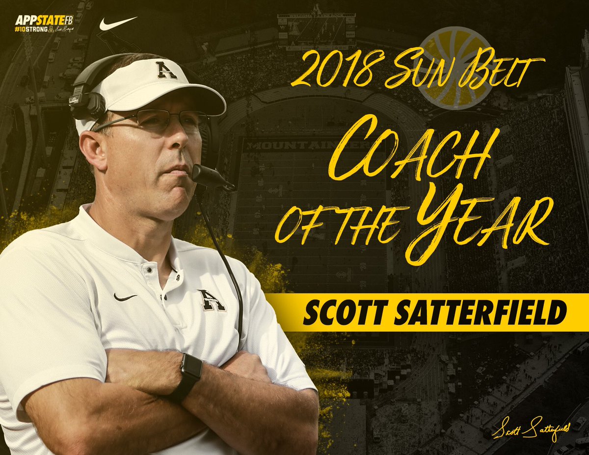 AppState_FB's tweet photo. Congrats to Coach Satterfield for being named the @SunBelt Coach of the Year!

#10Strong
#RQ2K18 https://t.co/ZYbQxCsOE3