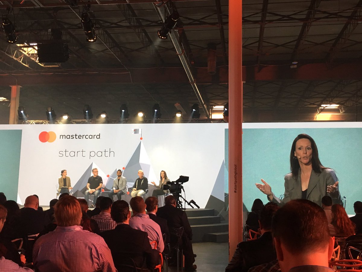 The formidable Cat Berman of portfolio co <a href="/goCNote/">CNote</a> on stage at Mastercard Start Path summit.