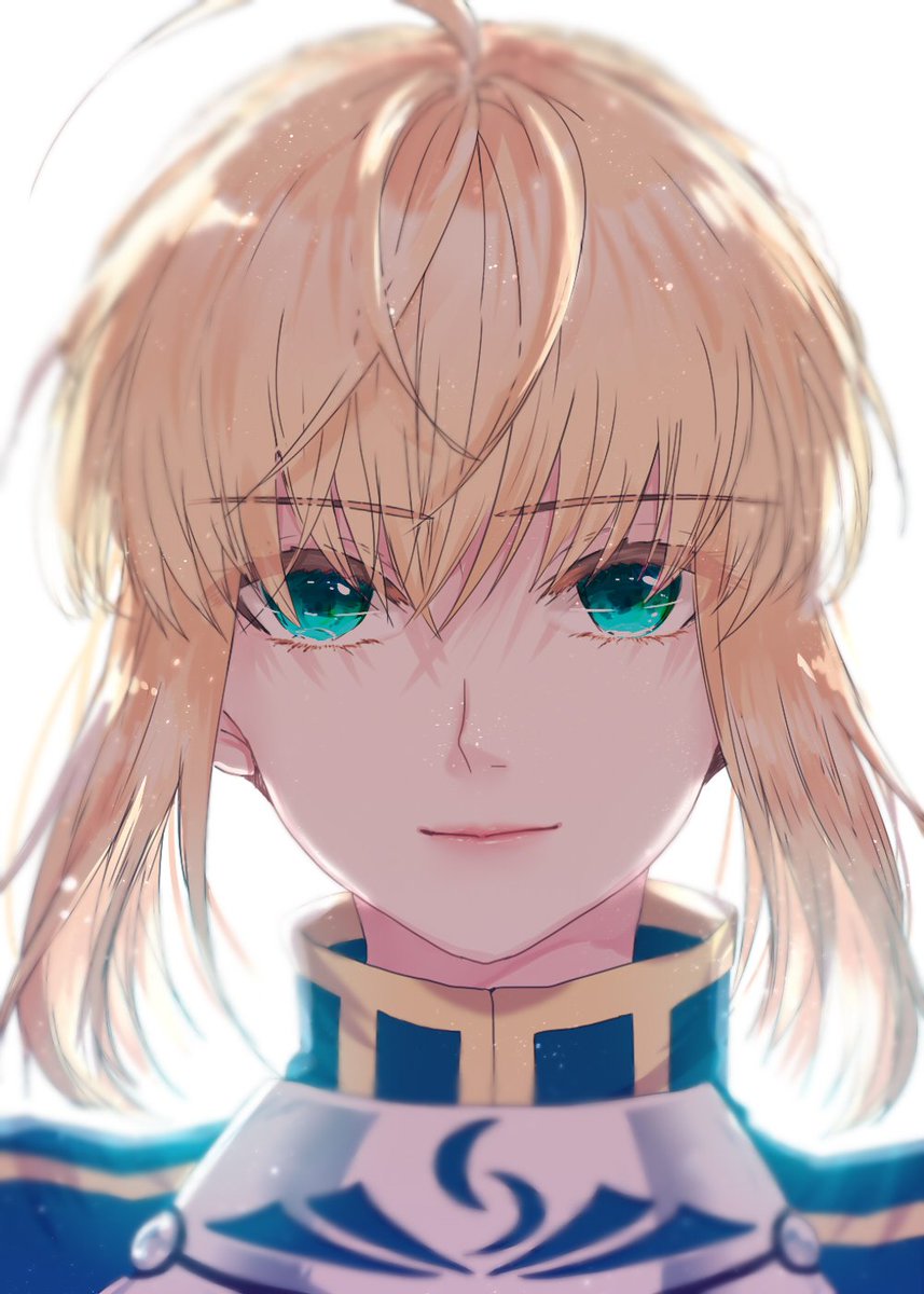 artoria pendragon (fate) 1girl solo blonde hair ahoge looking at viewer green eyes white background  illustration images