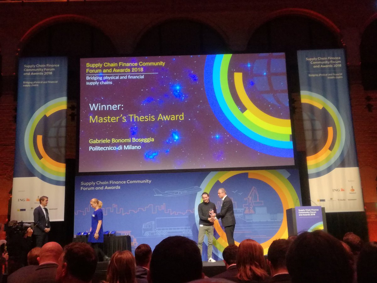 Oss_SCF's tweet photo. Gabriele Bonomi Bosseggia, former Master Student of Management Engineering at @polimi, gets awarded for the #SupplyChainFinance thesis awards at #scfforum https://t.co/QHaMToCf8L