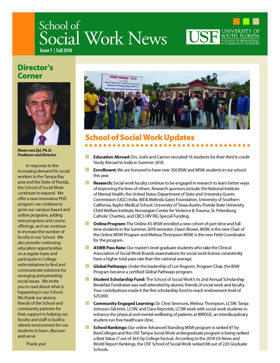 usfsocialwork's tweet photo. The Fall 2018 School of Social Work Newsletter is now available for you to read. You can view the newsletter here: https://t.co/ss2d85J4pK #usf #usfcbcs #socialwork #socialworkeducation #bsw #msw https://t.co/sGKf8mUhEL