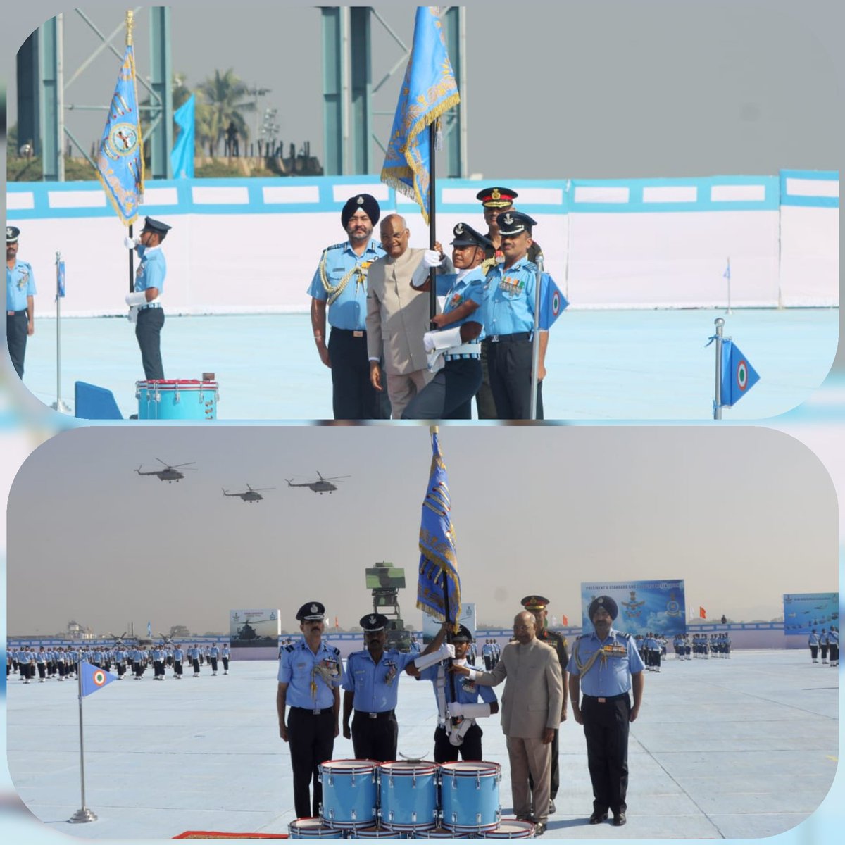 IAF_MCC's tweet photo. #PSP2018 : The Hon'ble President of India Shri Ramnath Kovind presented the prestigious Standard to 118 Helicopter Unit & Colours to Air Defence College.
Glimpses of the event held at Air Force Station Guwahati today. https://t.co/9eNwA0Fk4a