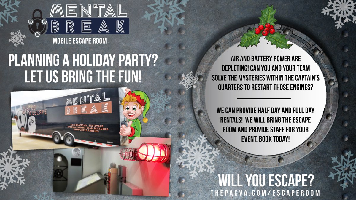 Escape the normal holiday party. Give your team a mental break!

For more information, including how to book your reservation, please visit: thepacva.com/escaperoom/