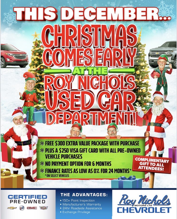 RoyNicholsChev's tweet photo. It’s going to get PRETTY festive on the Used Car lot this December! No payment options for 6 months! $250 VISA Gift Card with Purchase! #FestiveIndeed #RoyNicholsMotors #Chevy https://t.co/ybh3NTJtm2