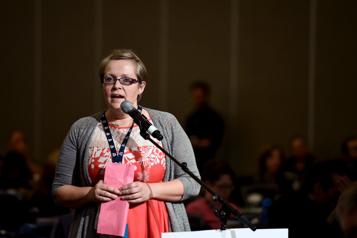 bcfed's tweet photo. “Yesterday changed history. You made us feel that we were not just 55K brothers and sisters out there - that we were 3mil people watching corporations, governments and media and holding them accountable for the rights of Canadian workers.” @cupw member at #bcfed18 https://t.co/QANwmbTHPp