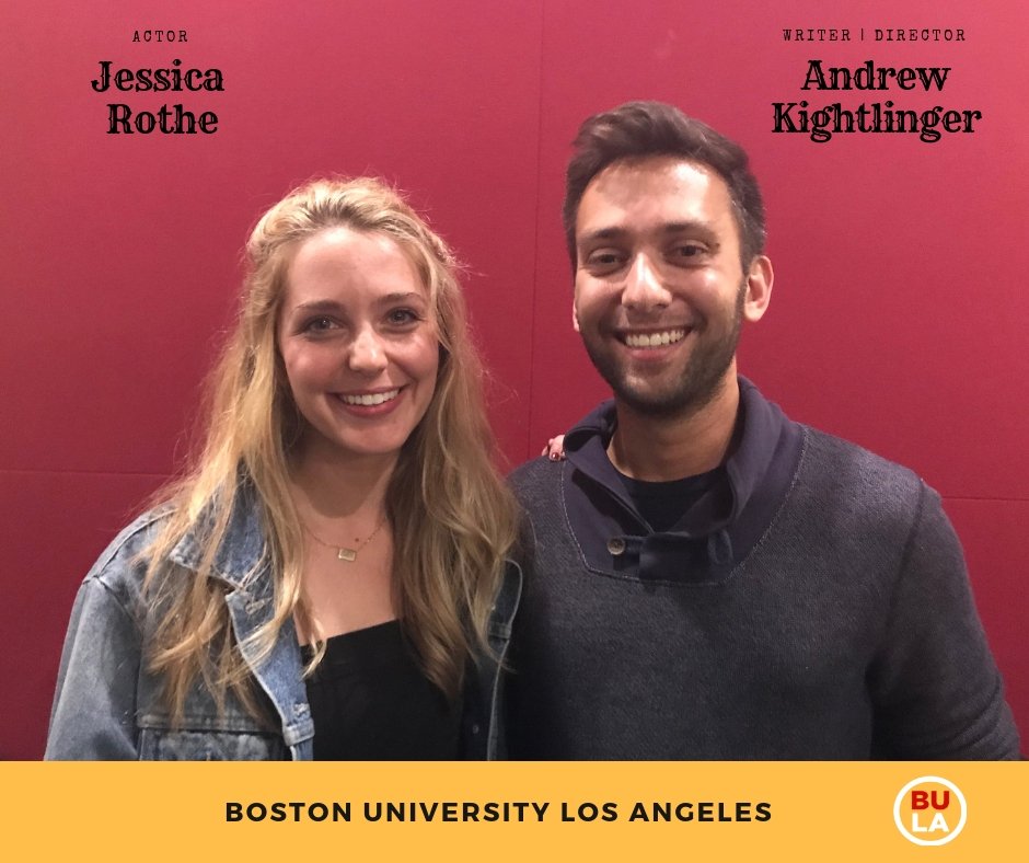 We had an amazing visit from alumni <a href="/Jessica_Rothe/">Jessica Rothe</a> (CFA '09) and <a href="/AndrewKight/">AK</a> (COM '12) to our Careers in Hollywood class! Jessica is known for her roles in HAPPY DEATH DAY and LA LA LAND, and she also starred in Andrew's feature TATER TOT &amp; PATTON.