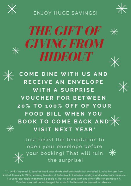 Between now and Christmas, have a meal at #HideoutTaunton and get a surprise from us! But don't open it. Really....no peeking, that's part of the surprise! [and the terms and conditions :-)]
