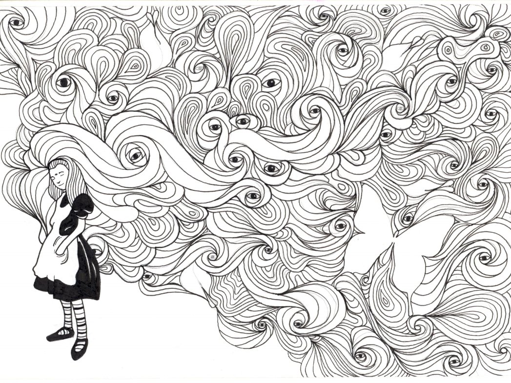 “When I used to read fairy tales, I fancied that kind of thing never happened, and now here I am in the middle of one!”
 #alice  #wonderland #black #white #bw #doodle #illustration #flow