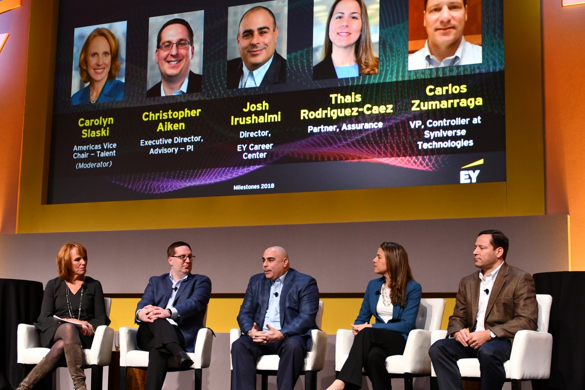 CarolynSlaskiEY's tweet photo. Enjoyed speaking w/ my colleagues Christopher Aiken, Josh Irushalmi, Thais Rodriguez-Caez &amp; @EY_US alum Carlos Zumarraga at #EYMilestones18 about ways people can shape &amp; navigate their career journeys, while succeeding in their personal lives! @EY_CareersUS https://t.co/phdhCVvb77
