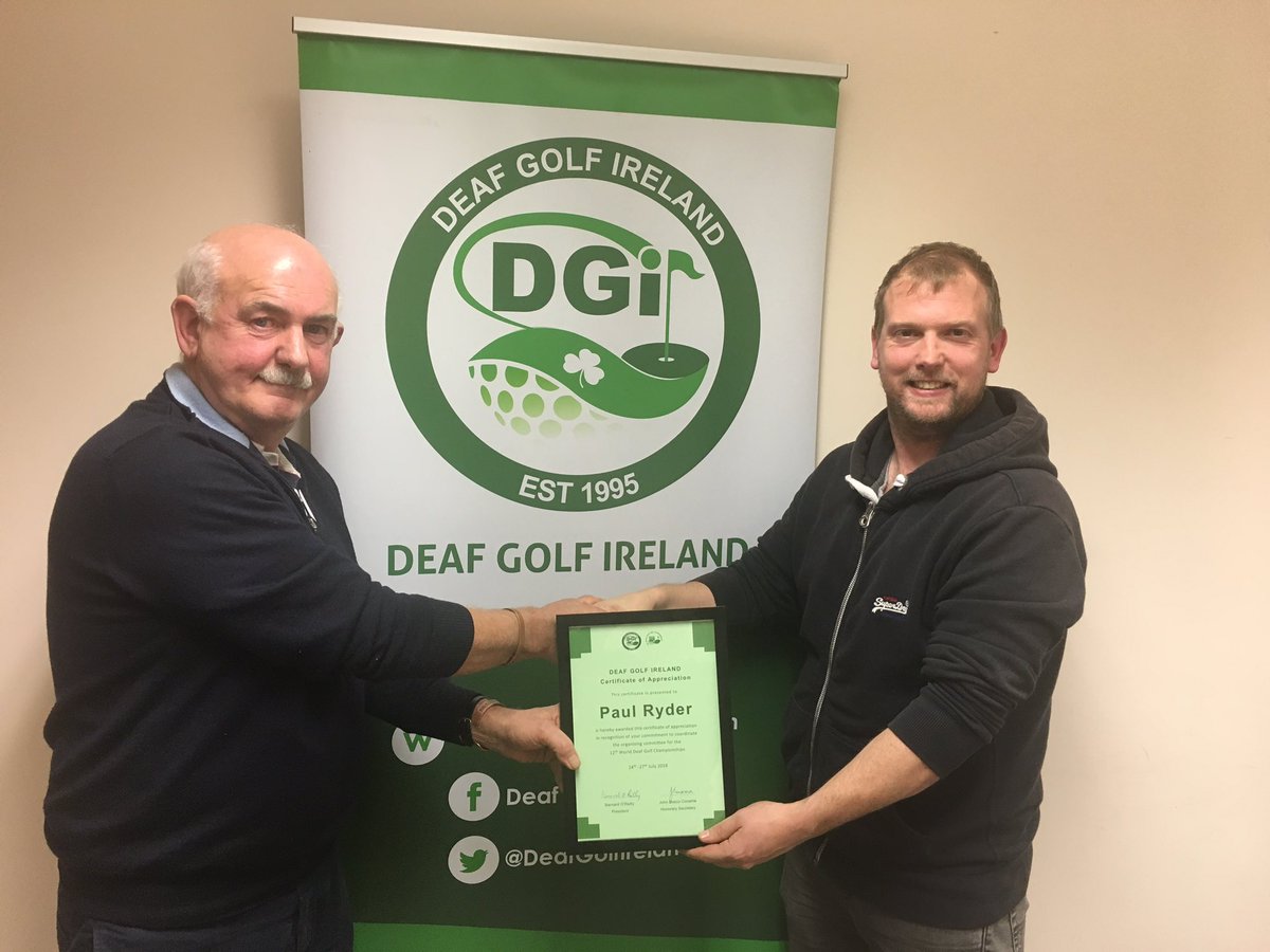 A certificate of appreciation was presented by the President, Bernard O’Reilly to Paul Ryder <a href="/ryder80/">Paul Ryder</a> for his work during WDGC 2018 <a href="/wdgc2018/">WDGC2018</a> <a href="/WorldDeafGolf/">WDGF</a>