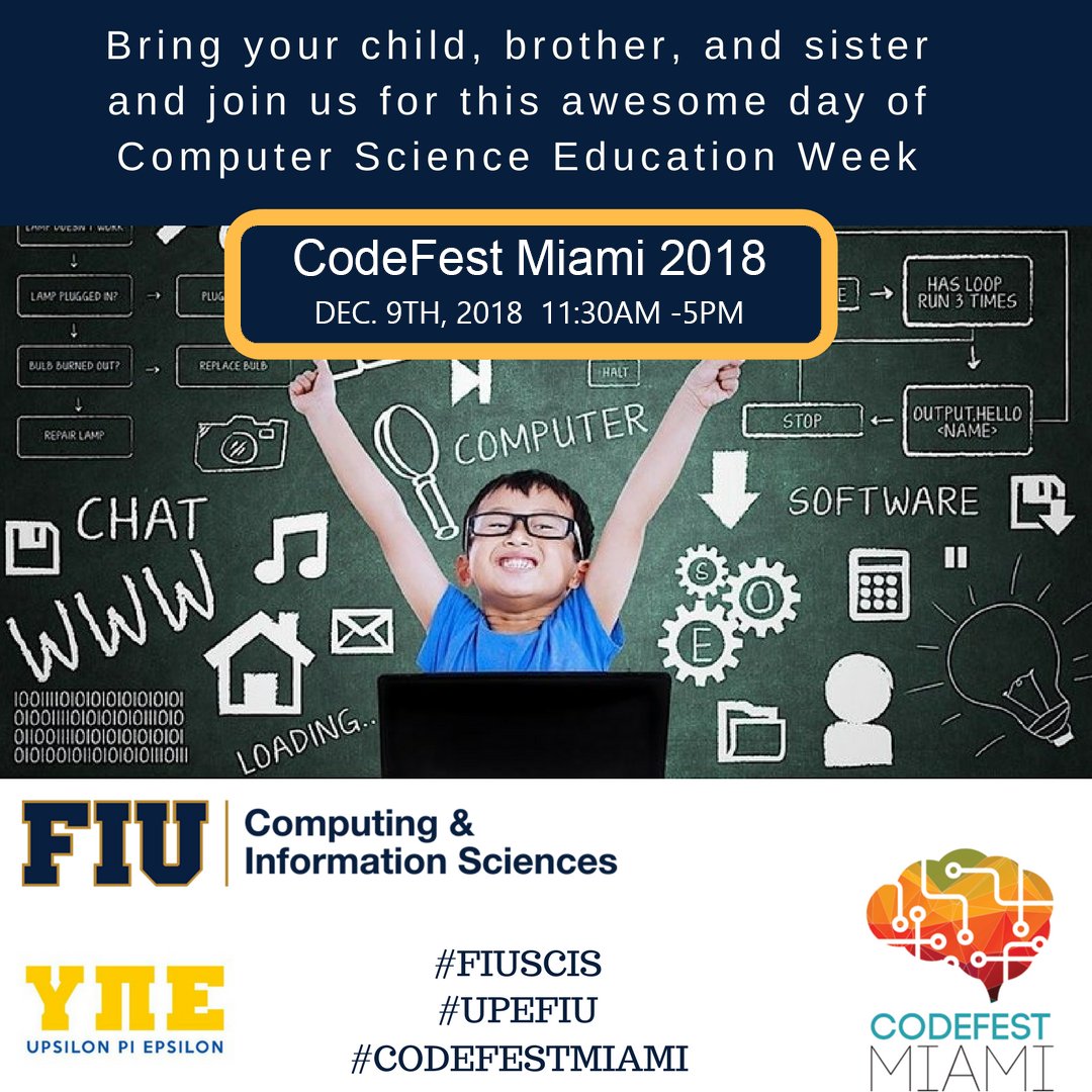 FIUSCIS's tweet photo. #CodeFestMiami is back our "mini hackathon" for children😊 and we are super excited. Seating is limited! Please make sure to follow registration info on time. 
More about the event:
 https://t.co/EyKj9a2nFQ
#CodeFestMiami #FIUSCIS #FIUCodeFest @upefiu   @WICSFIU https://t.co/yHTor7oogG