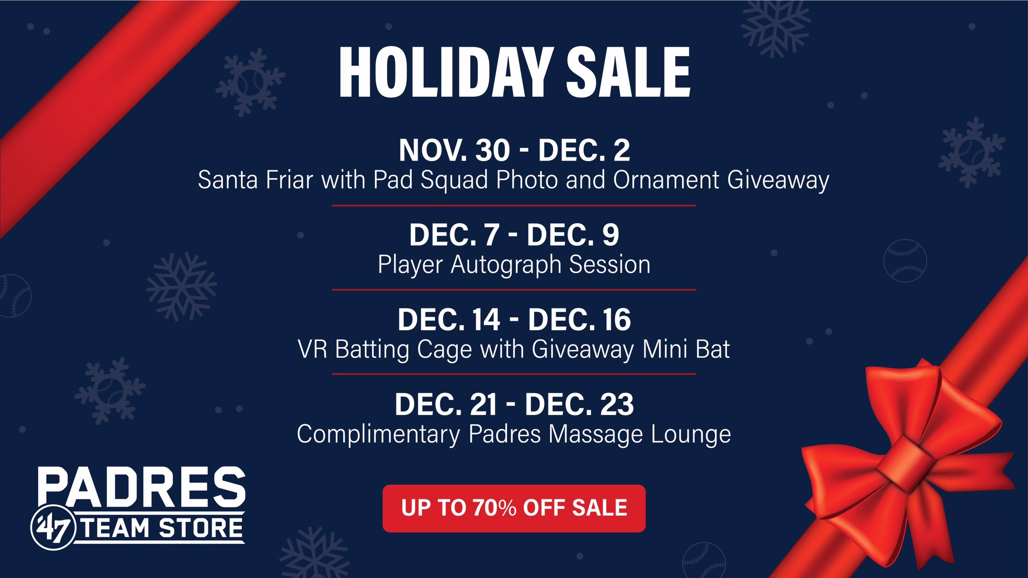San Diego Padres on X: 🚨 Holiday Sale 🚨 Every weekend from Nov. 30-Dec  23, get up to 70% off plus featured weekend promotions at the #Padres '47 Team  Store at @PetcoPark