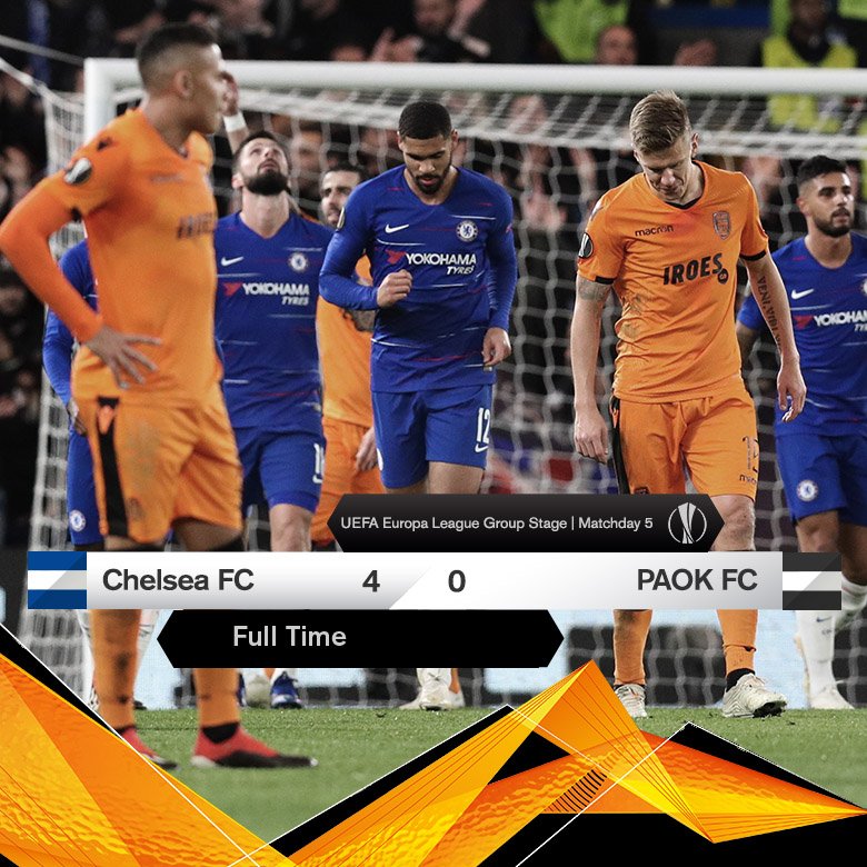 #FinalScore at #StamfordBridge. @ChelseaFC - #PAOK 4-0 #UEL #CHEPAOK @EuropaLeague #GroupStage #MD5