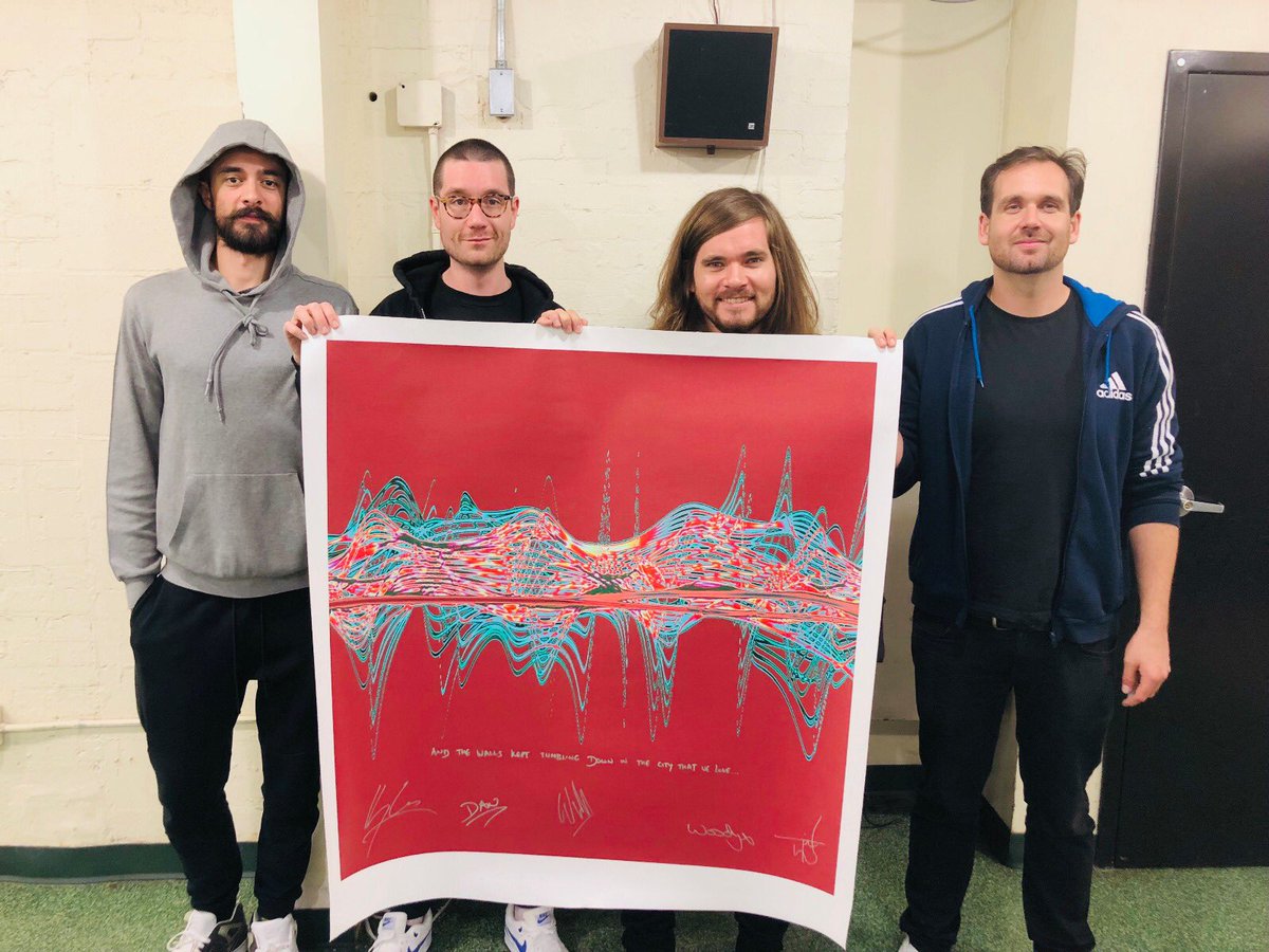 bastille's tweet photo. We recently signed a bunch of limited, numbered @Soundwaves_Art prints, along with the artist Tim Wakefield. The artwork is created from the sound waves of “Pompeii”. They support the incredible &amp; important work of @WarChildUK. You can get one here: https://t.co/251vkPoV6U https://t.co/A358MsebdF