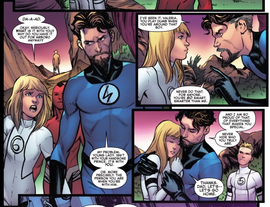 Reed's feud with Arboro was almost a real cliche, but this moment breaths whole new life into it. I love the lesson for Val (and that we SEE her play dumb earlier in the issue)--THIS is the way to tackle "family" in modern times.
(From Fantastic Four 4 by <a href="/DanSlott/">Dan Slott</a> &amp; <a href="/St3Caselli/">Stefano Caselli</a>)