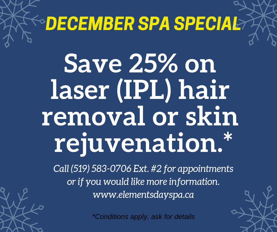 This is a great deal for IPL Skin Rejuvenation and/or Hair Removal.   
 Book your appointment today as this special will sell out soon.
 Call:  (519) 583-0706 Ext #2