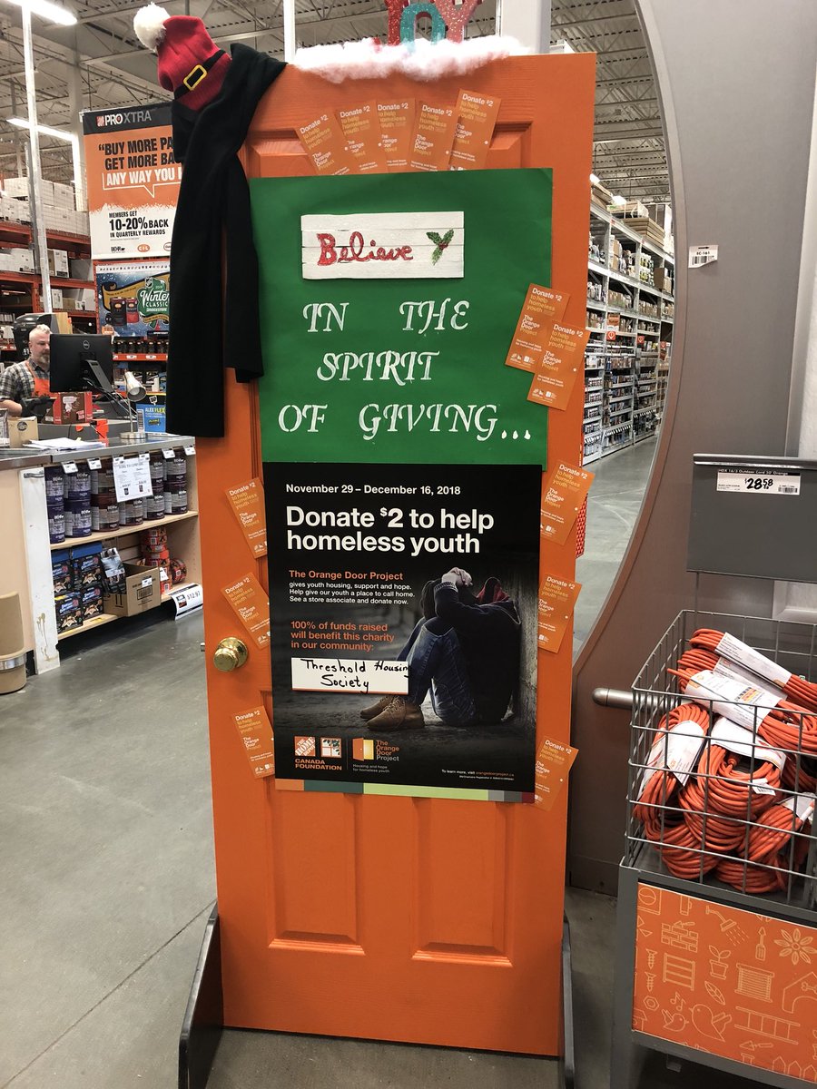 The #OrangeDoorProject has arrived! Now until December 16th you can go into Saanich and Home Depot @HomeDepotCanada and donate towards #EndingYouthHomelessness. All proceeds come to THS