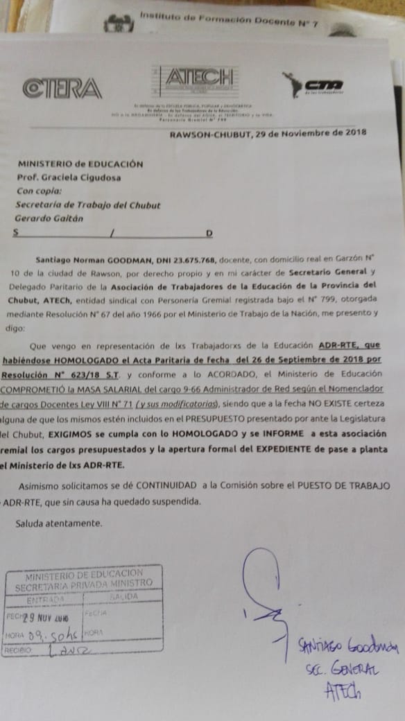 AustralisMadryn's tweet photo. Compañeros @adrchubutok  ADR - RTE presentes en Ministerio de Educación junto a @AtechOficial , apoyando la lucha docente y el PASE A PLANTA. En presentación adjunta de ATECH se exige el cumplimiento de Paritaria Homologada ,del cargo 9-66 .LA LUCHA CONTINÚA https://t.co/szXSGkHDSb