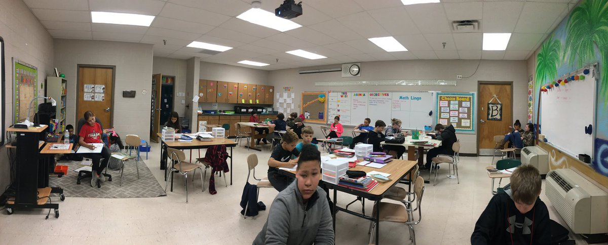 MsBinkleyCMS's tweet photo. Ive been working on implementing centers/math workshop as the foundation for my instruction this year. It’s going well! Still working on the kinks with scheduling, but here’s a pano of what it looks like in my classroom most days! #mathworkshop #ccsdtn #everystudenteveryday https://t.co/4ZEsLVCjr2