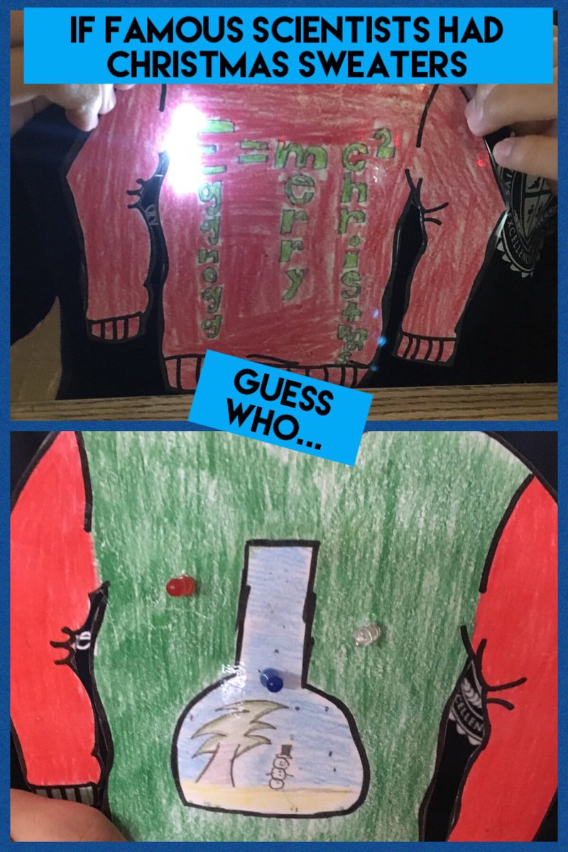 FalconsSoarLA's tweet photo. After they researched famous scientists, 8th graders were challenged to design their Christmas sweaters. Can you guess who goes with these sweaters? https://t.co/edm2Rp1QPw
