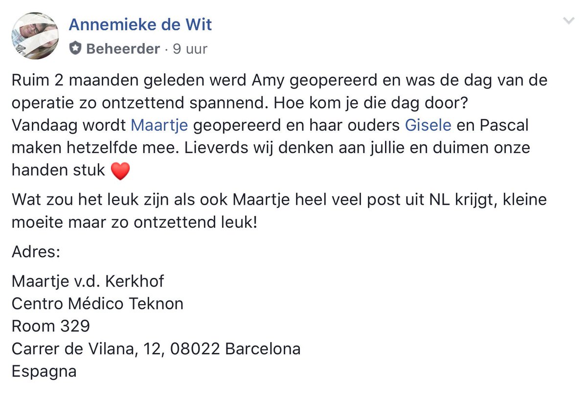 AmysBattle1's tweet photo. STUUR MAARTJE EEN KAARTJE! (Delen is lief)
Vandaag werd ook Maartje geopereerd. 
Heel veel beterschap! https://t.co/yGKeEuIXwO ^MK https://t.co/NKRsoL4PUW