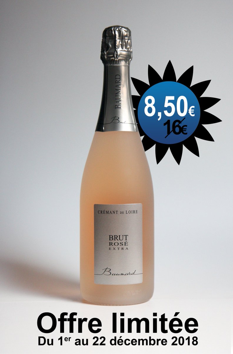 Offre Exceptionnelle et limitée sur le Crémant de Loire Brut Rosé Extra : 8,50 € au lieu de 16,00 € du 1er au 22 décembre 2018...
Nous serons ravis de vous le présenter au Domaine : ouvert de 10h à 12h et de 14h à 17h30 tous les jours, sauf le dimanche et jours fériés...