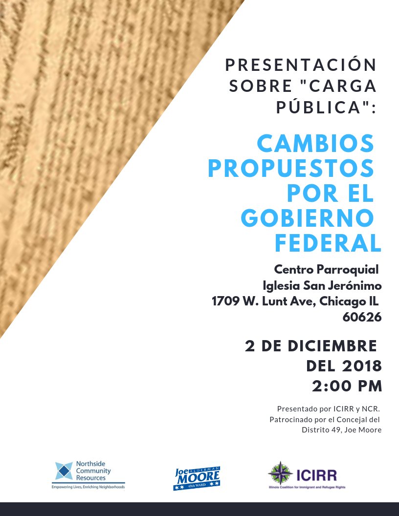 northsidemrp's tweet photo. Ven a nuestra presentación sobre "Carga pública" este domingo en la Iglesia San Jeronimo! Averigüe cómo los próximos cambios propuestos a las reglas sobre beneficios públicos como SNAP (Tarjeta Link), Medicaid, etc. pueden afectar a los inmigrantes que los reciben.

12-2-18, 2 PM https://t.co/Veo1rVAUvD