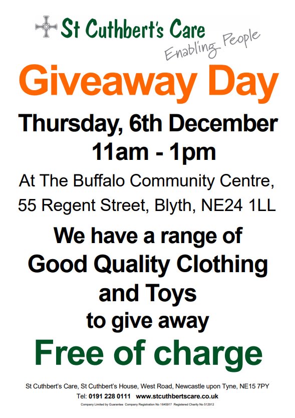 BuffaloCCBlyth's tweet photo. One week from today St Cuthbert’s Care at @BuffaloCCBlyth  providing clothes and toys to give away. Come along and choose some items for you or your family for FREE.
@WhatGansErn  #Blyth #Charity https://t.co/JalUbO0mIF