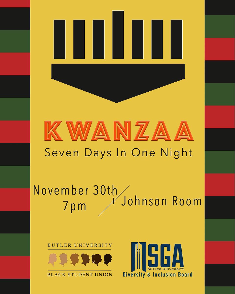butler_bsu's tweet photo. KWANZAA IS TOMORROW! Come out for some great food, fun, friends as well as a presentation by the Indianapolis Kwanzaa Committee! ❤️💚🖤
@butleru https://t.co/zRIiv8Iz2f
