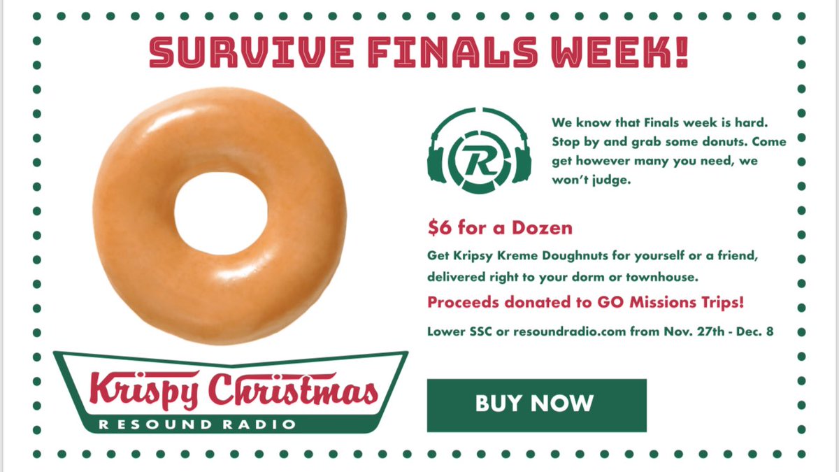 ResoundRadio's tweet photo. Need some encouragement to finish finals week? How about some Krispy Kreme donuts! Stop by the lower SSC to order or order online with this link!
https://t.co/ut6sbwlUdy https://t.co/F58bLB2mgD