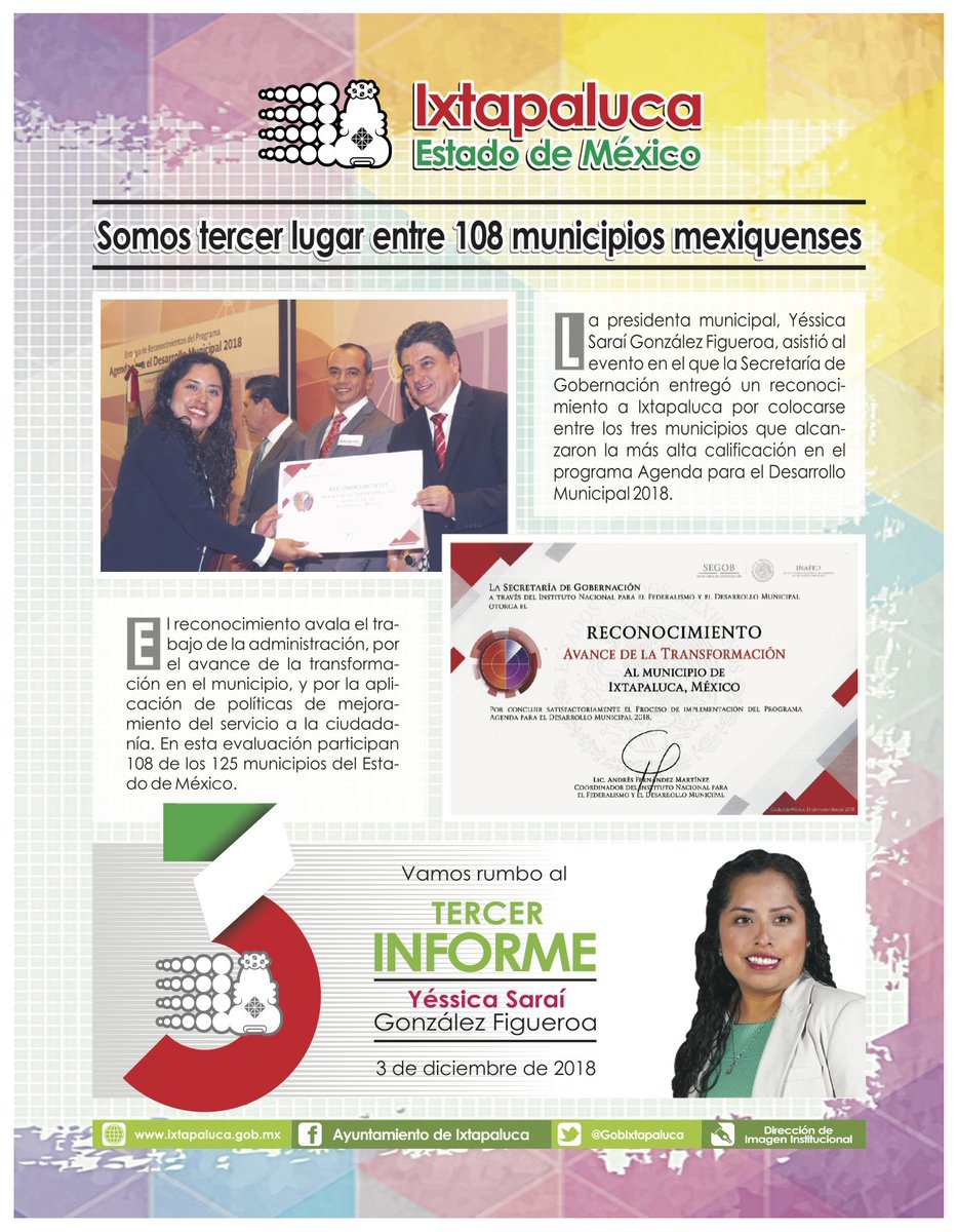 ixtapaluca_ayu's tweet photo. La presidenta municipal, @YessicaSaraiG1 asistió al evento en el que la Secretaría de Gobernación  entregó un reconocimiento a Ixtapaluca por colocarse entre los tres municipios que alcanzaron la más alta calificación en el programa de Agenda para el Desarrollo Municipal 2018 https://t.co/p62RGIIMrv