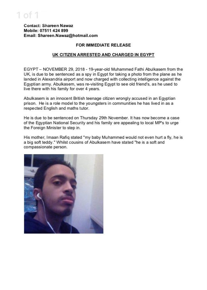 TjpAbdul's tweet photo. CC: @foreignoffice, we request the release of British citizen Muhammed Fathi Abulkasem, who is imprisoned in #Egypt, under "spying" allegations. We hope the UK can deal with this, just as it did with #MatthewHedges in the #UAE.

https://t.co/HKWgqD6bGl

#HumanRights #FreeMuhammed https://t.co/5uEjA2kygF