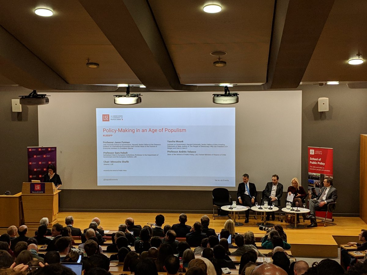 SamCaveen's tweet photo. Skipping the beginning of my office Xmas party to watch @AndresVelasco, @jasonfurman, @sarahobolt and @Yascha_Mounk debate 'Policy-Making in an Age of Populism' with @LSEPublicPolicy. That's just how cool I am. #LSESPP https://t.co/xpCt9tA85t